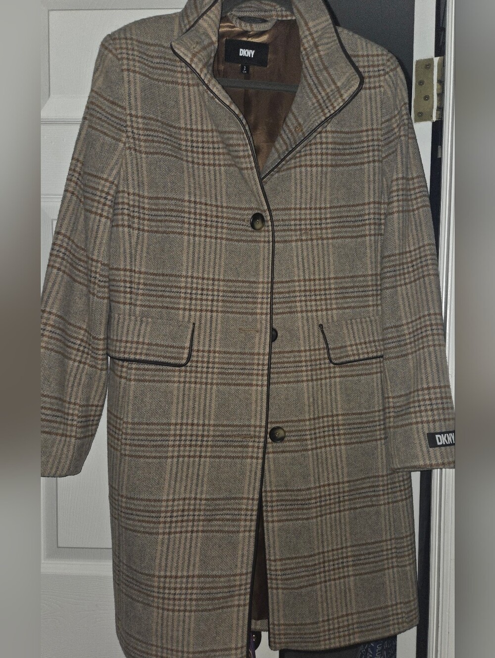 DKNY Plaid Wool-Blend Coat in Taupe and Brown